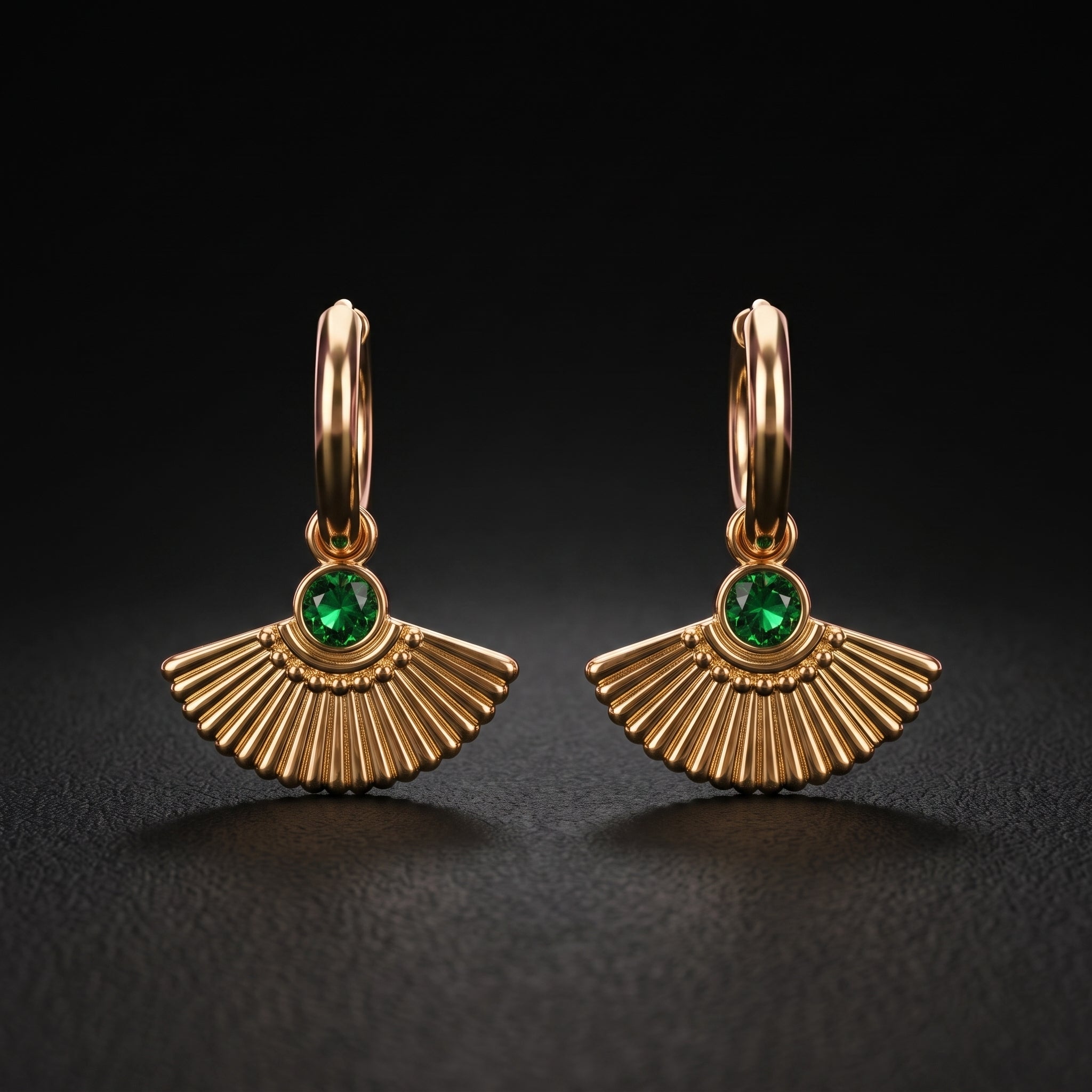 The Art Deco Fan Emerald Drop Hoops