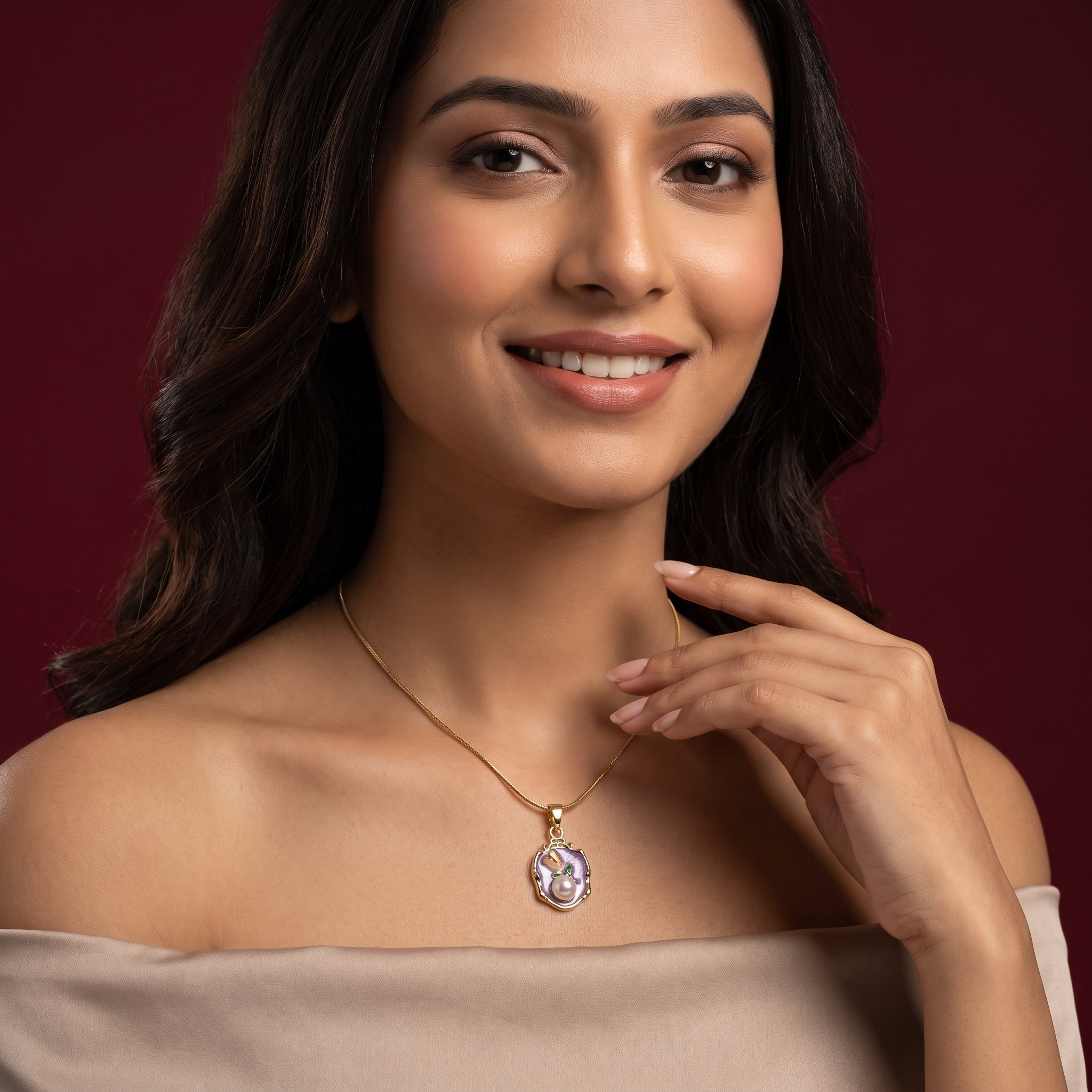 The Violet Bow & Pearl Pendant Necklace