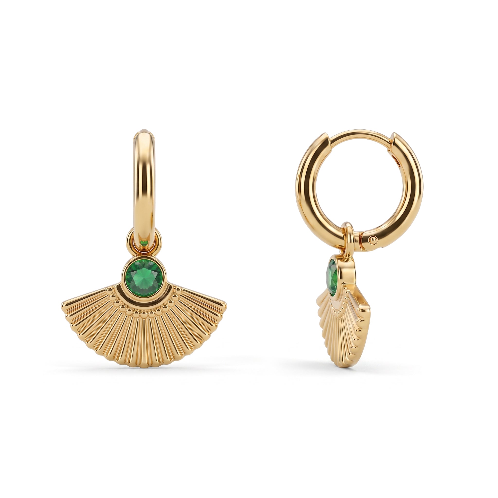 The Art Deco Fan Emerald Drop Hoops